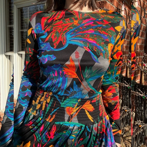 Vintage 80s Flora Kung Floral Silk Jersey Dress - Picture 2 of 6